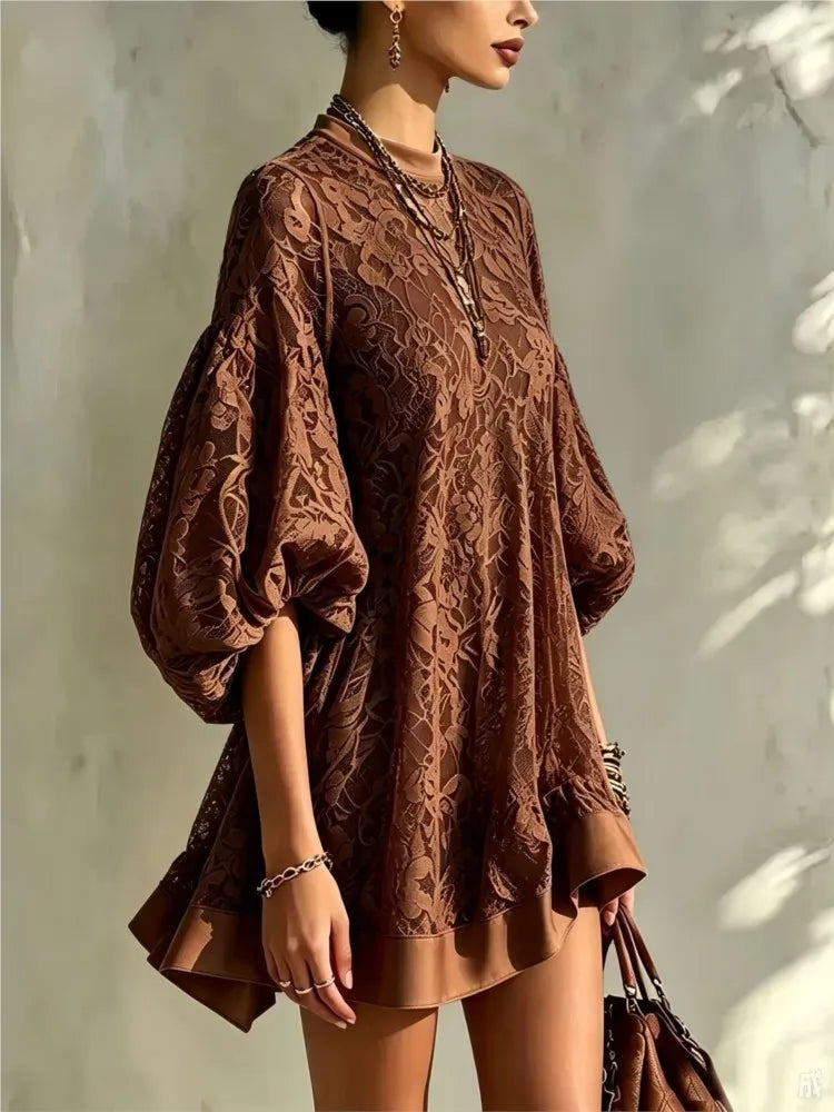 Women Solid Floral Lace Mini Dress Autumn O Neck Lantern Sleeve Mesh Sheer Loose Dresses Boho Casual Beach Holiday Ruffle Dress