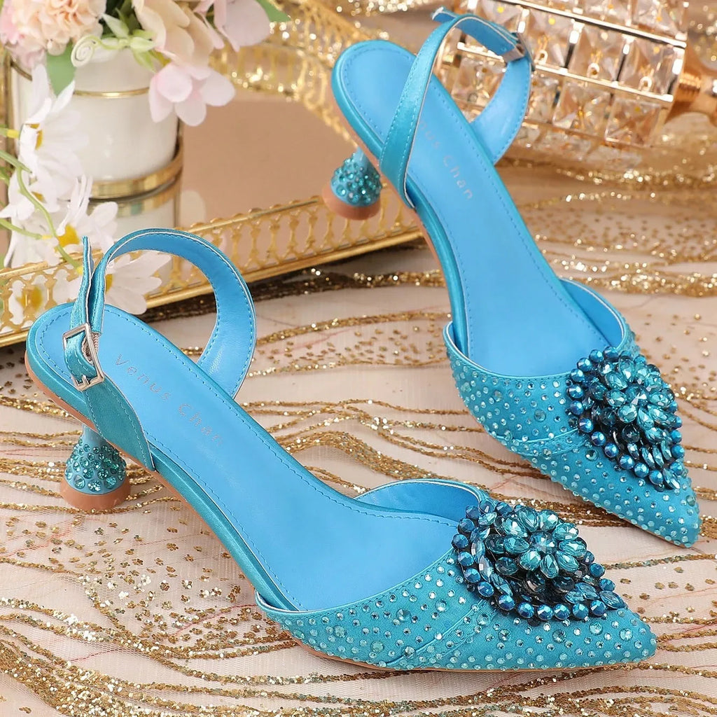 Sky Blue Wedding High Heels for Women Italy Design Rhinestone  Decorate Pointed-Toe Gorgeous Parties 2025 INS Lady Plus Size