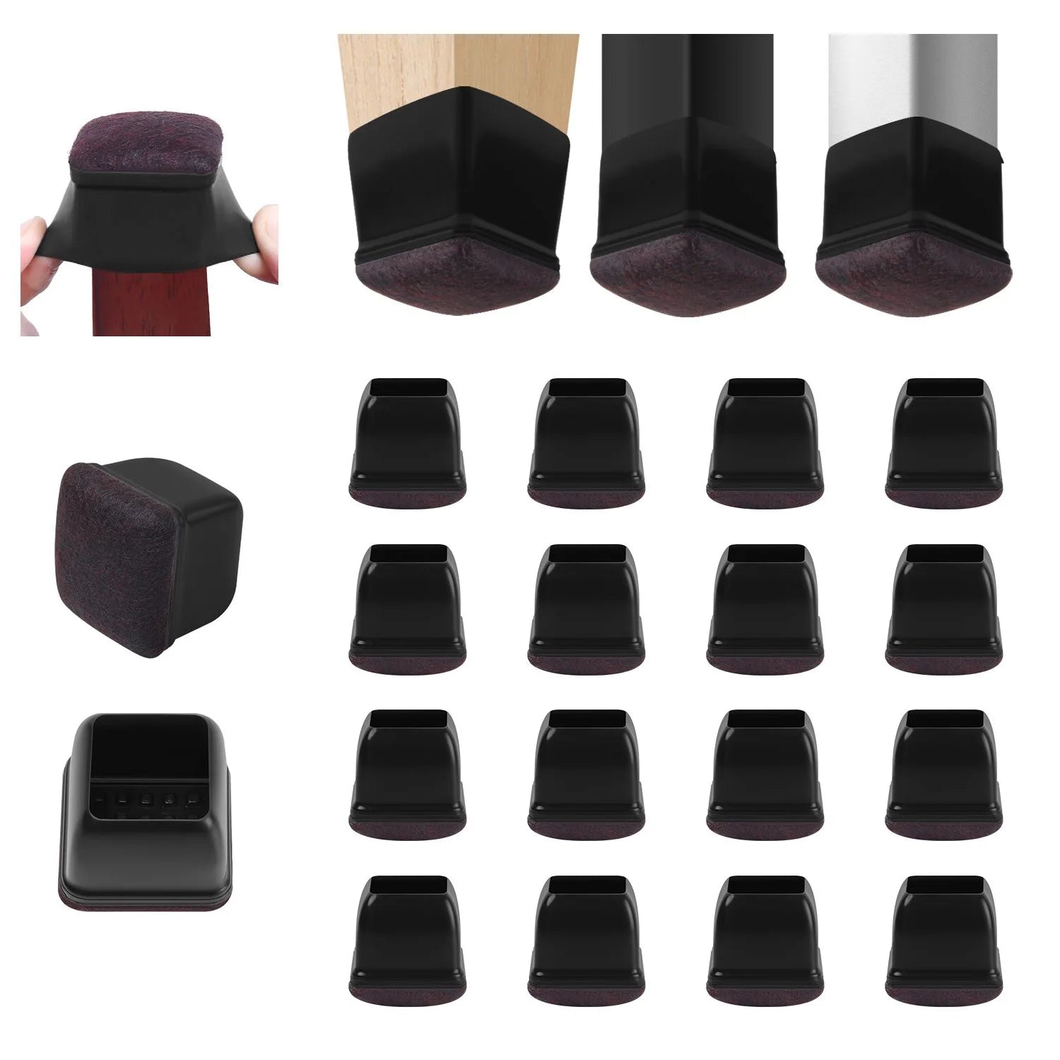 16PCS Black Silicone Chair Leg Floor Protectors with Wrapped Felt Bar Stool Chair Leg Caps Furniture Leg Feet Protection Cover