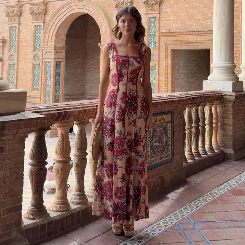 Women Printed V Neck Long Dress Flared Sleeve Lotus Leaf Edge High Waist Slim Fit Maxi Dresses Lady Elegant Evening Party Dress
