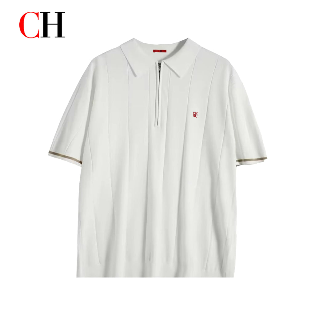 CH Men Vertical Striped Knit Polo Shirt Half Zip Lapel Short Sleeve CH Embroidery Top Breathable Business Casual Summer Male Tee