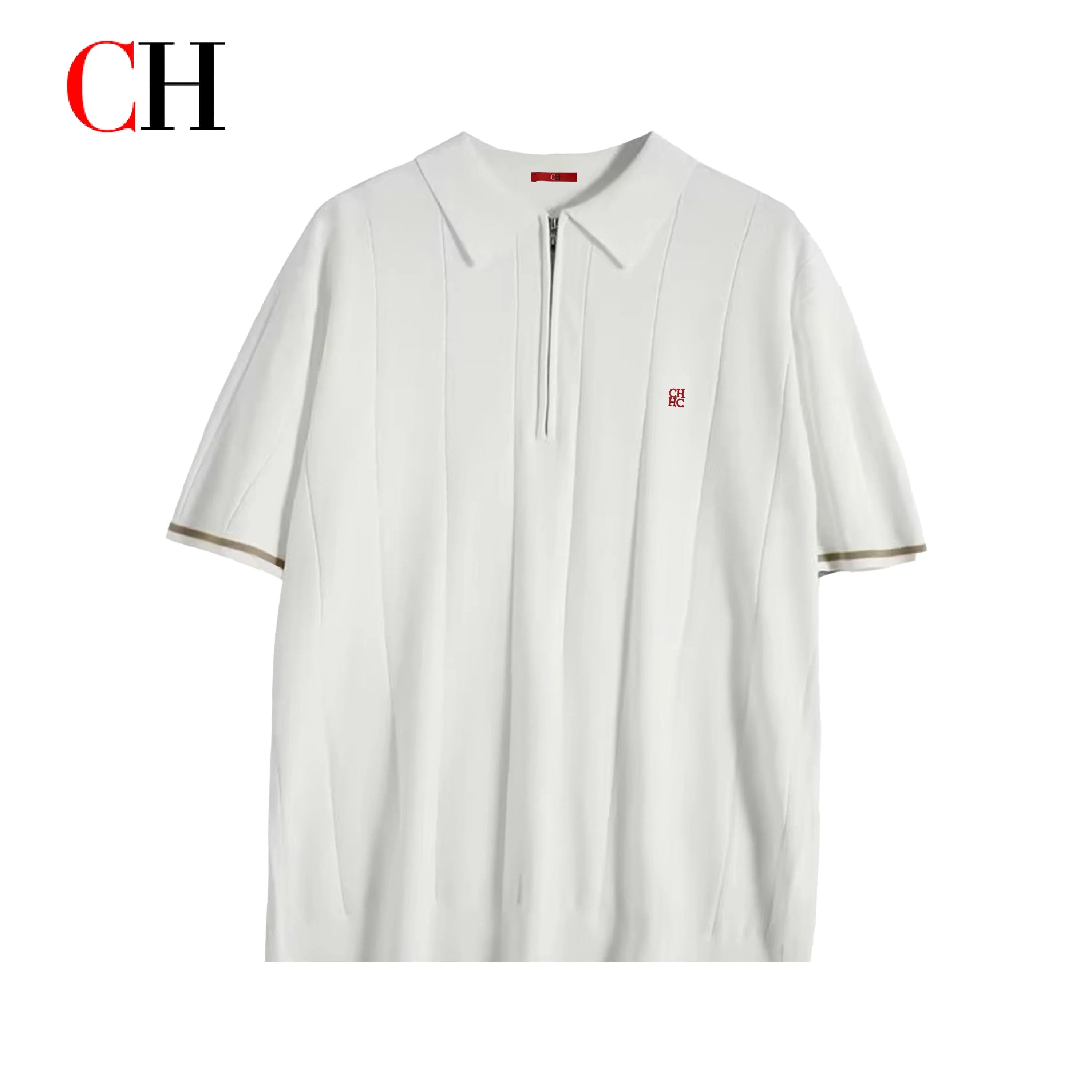 CH Men Vertical Striped Knit Polo Shirt Half Zip Lapel Short Sleeve CH Embroidery Top Breathable Business Casual Summer Male Tee