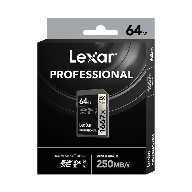 Lexar SD Card 1667X Official Original 250MB/s 64GB 128GB 256GB Memory Card SDXC UHS-II V60 U3 C10 Flash Cards 4K for Camera