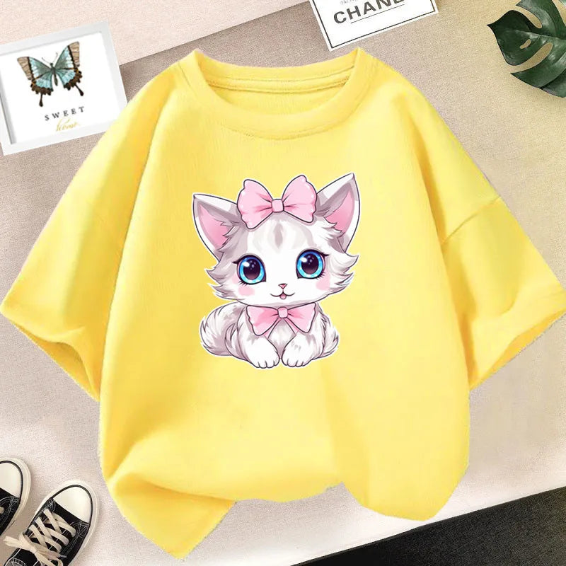 Girls Cotton Cute Cat/dog Graphic T shirt Summer Fashion Vintage Personality Kawaii Purple clothes Short Sleeve Tops