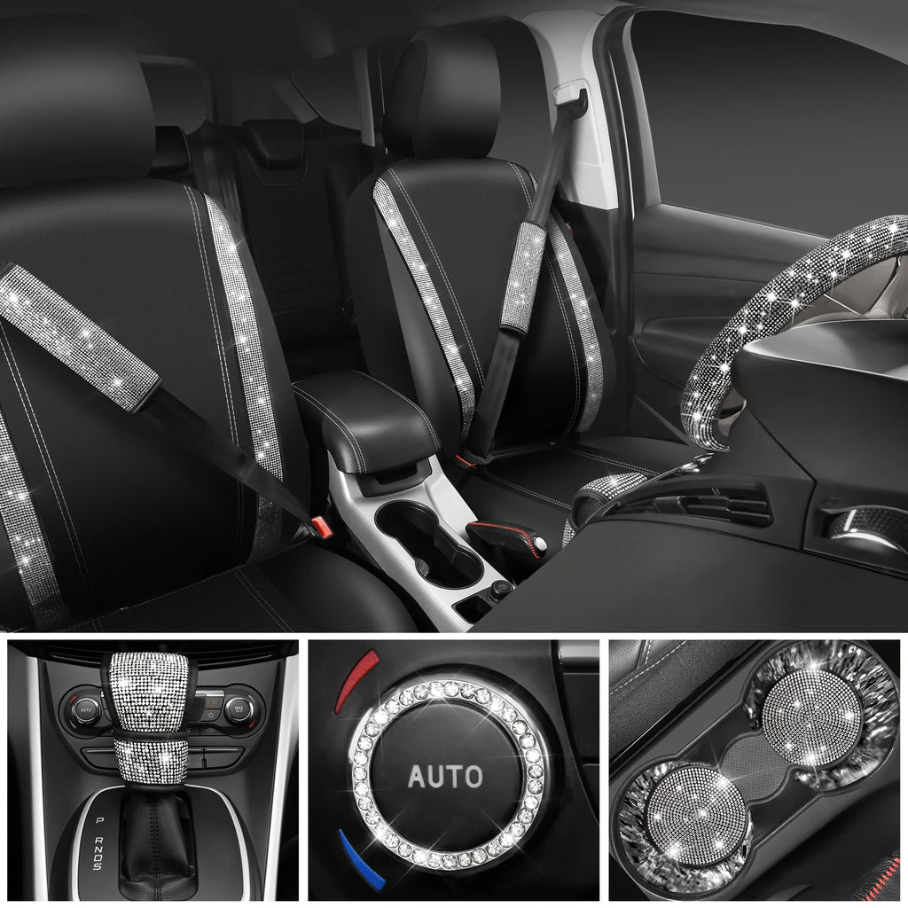 12pcs Bling Car Accessories Set, Bling Car Floor Mats Universal Fit Most Cars, Bling Steering Wheel Cover Universal Fit 15 Inches, Seat Belt Covers, Gear Shift Cover, Car Coasters, Start Button Ring, Bling Car Accessories for