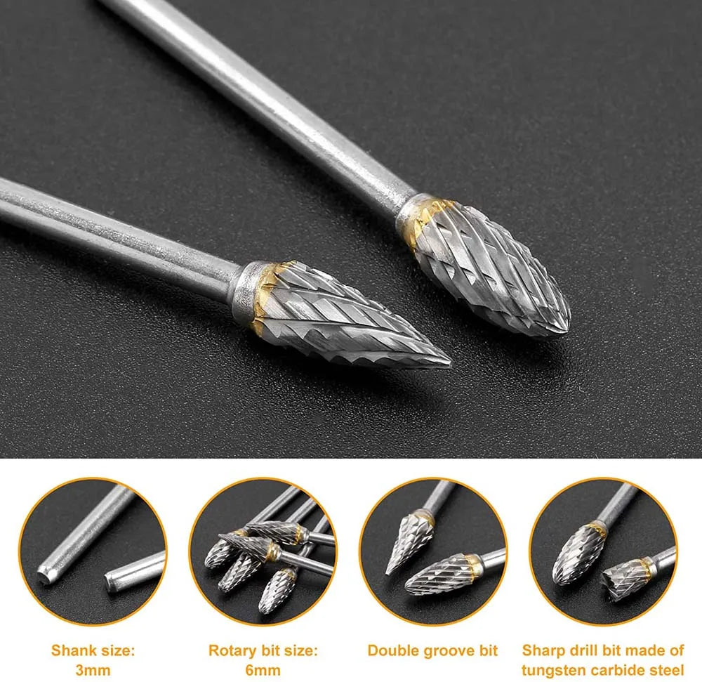 1/8" Shank 1/4" Head Length Tungsten Steel Rotary Carbide Burr Set  for Woodworking Drilling Metal Carving Engraving Polishing