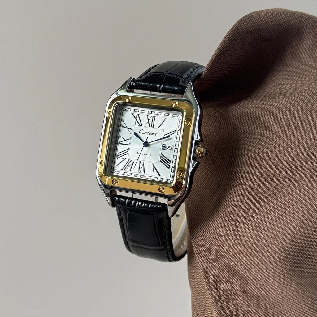 Men's Square Roman Numeral Quartz Watch, Luxury Stainless Steel Case, Black Leather Strap, Automatic Style Wristwatch, Waterproof, Business Dress Watch, Date Display, Elegant Watch, Suitable for Gentlemen's Casual and Formal