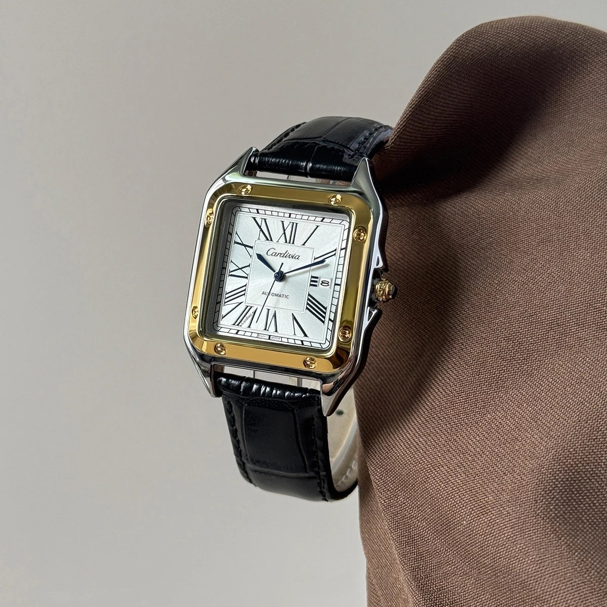 Men's Square Roman Numeral Quartz Watch, Luxury Stainless Steel Case, Black Leather Strap, Automatic Style Wristwatch, Waterproof, Business Dress Watch, Date Display, Elegant Watch, Suitable for Gentlemen's Casual and Formal