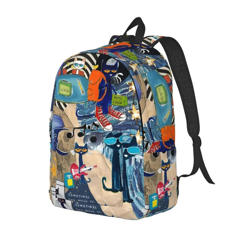 Pete The Cat I Love My White Shoes Backpack High School Business Cartoon Cats Daypack for Men Women Laptop Shoulder Bag