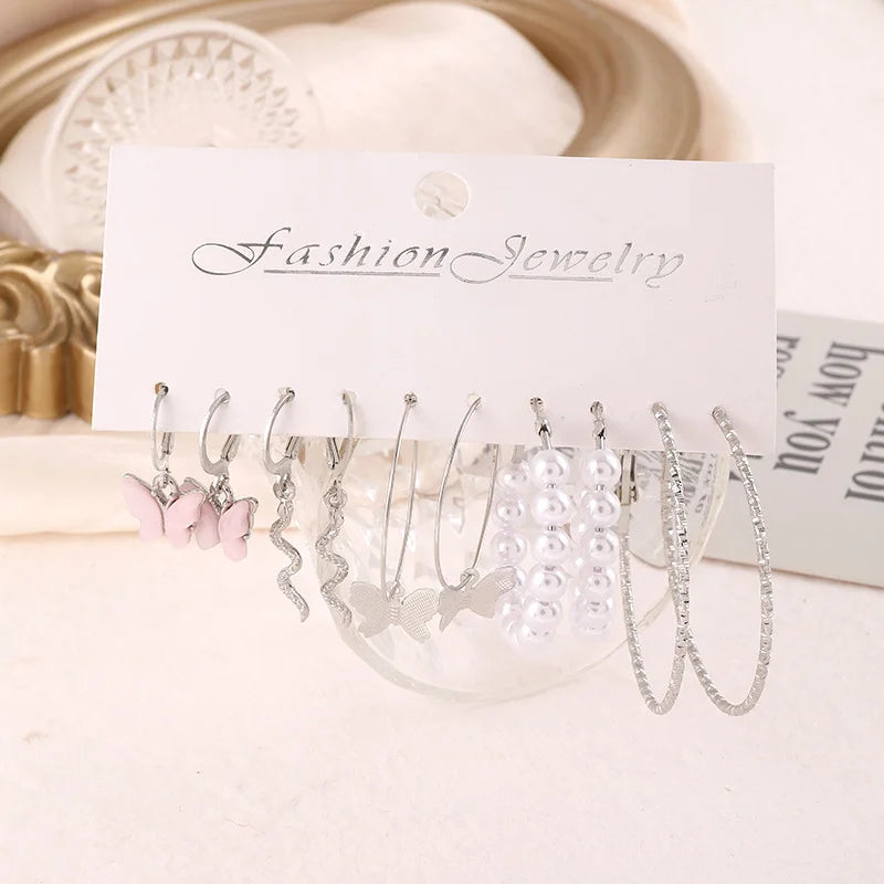 Women's Pink Butterfly Earrings Swirly Dangles/Imitation Pearl /Textured Silver Color Hoop Earrings Diverse Earring Set