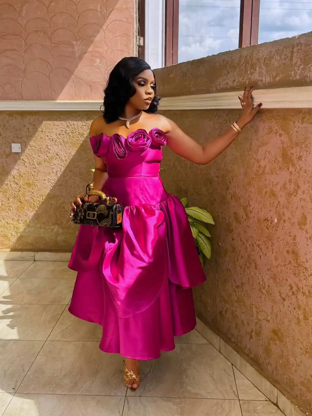 Fashionable Fuchsia Mid Calf Satin Party Dresses With 3D Handmade Flower Detail A-line African Women Dress