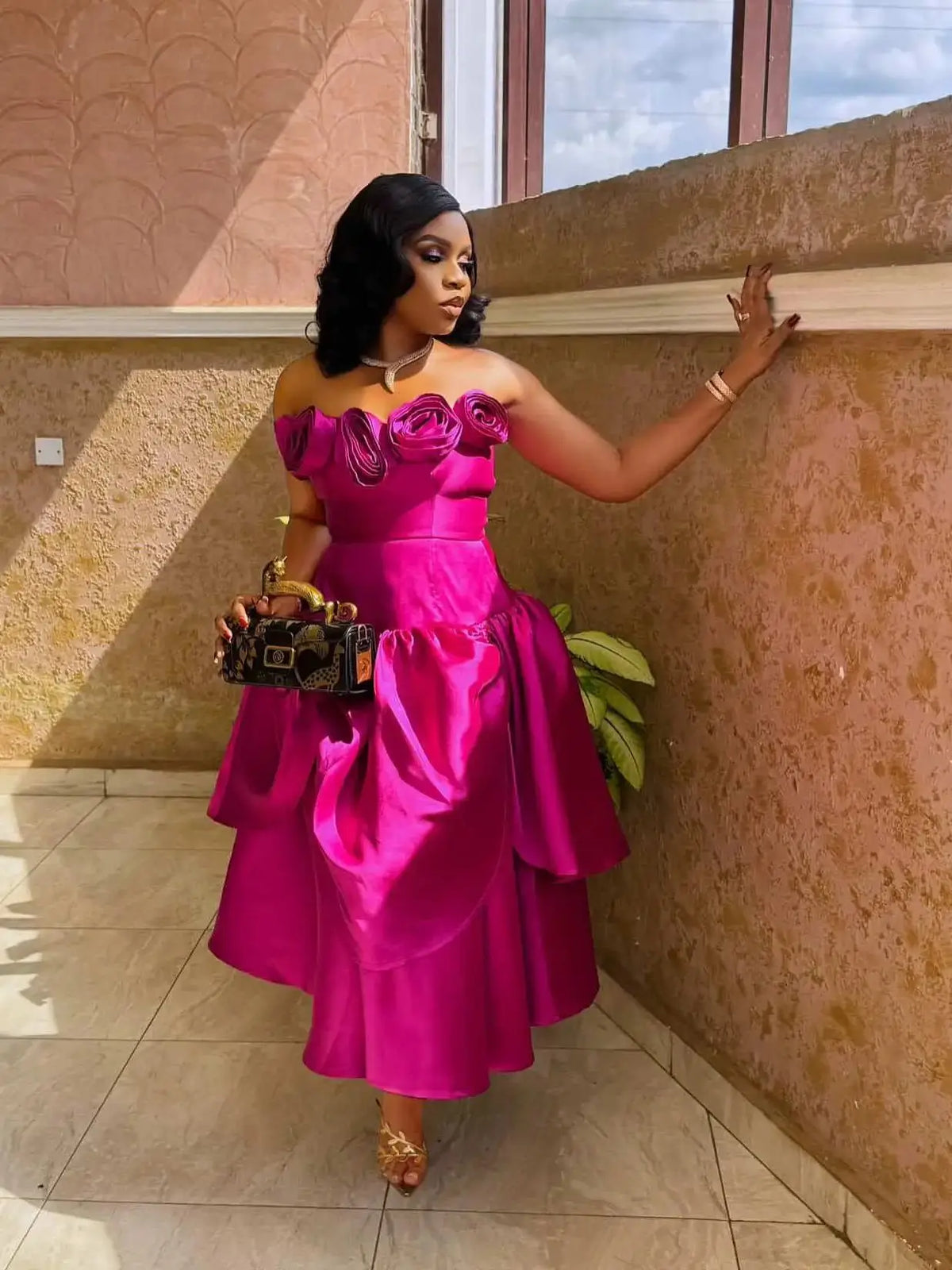 Fashionable Fuchsia Mid Calf Satin Party Dresses With 3D Handmade Flower Detail A-line African Women Dress