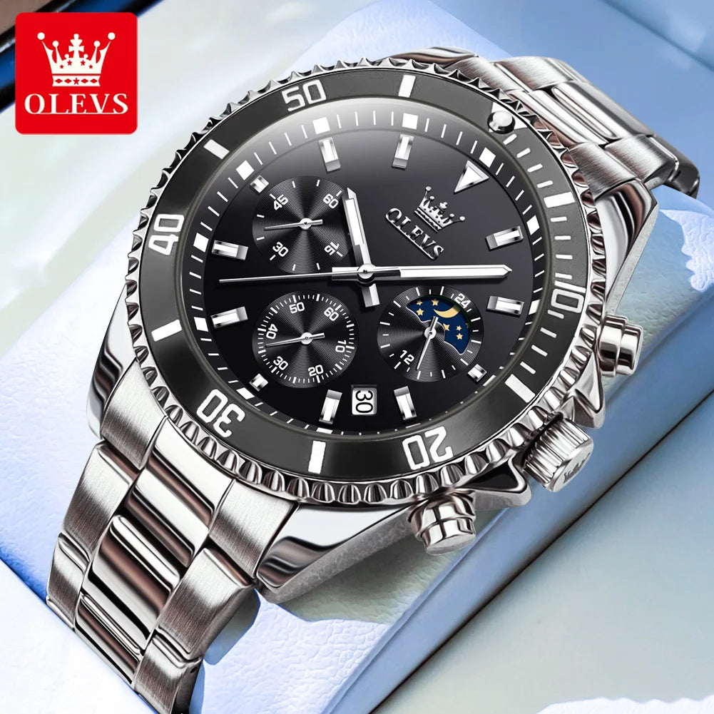 OLEVS 2870 Men's Watches Golden Stainless Steel Calendar Moon phase Chronograph 42.5mm Big Dial Men's Wristwatches Original