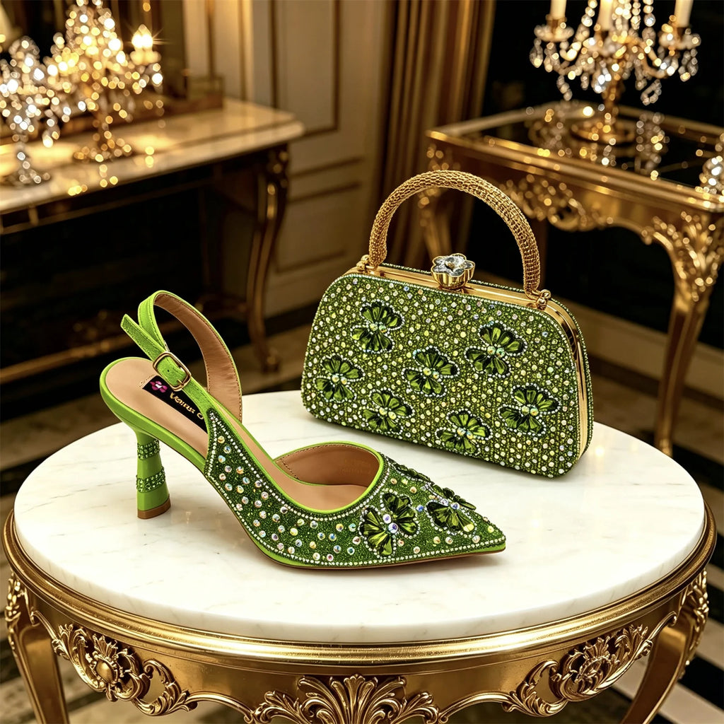 Venus Chan Gold Pointed Toe Rhinestone Heels & Bag Set, Sparkly Slingback Shoes for Women Wedding Party Evening Prom