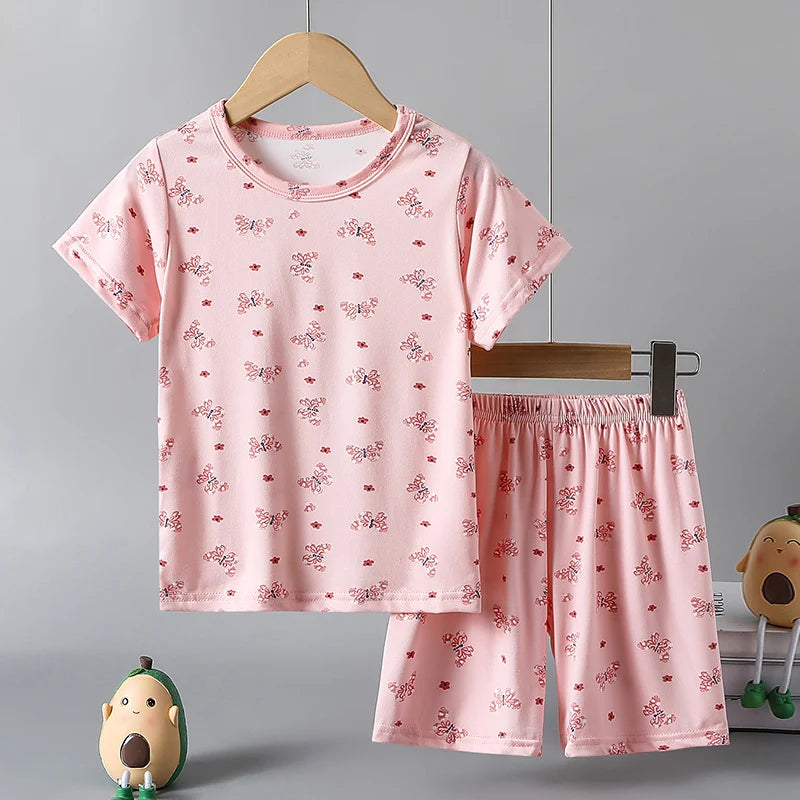 2-piece children's summer cute cartoon printed short sleeved shorts set for boys and girls casual and comfortable T-shirt shorts
