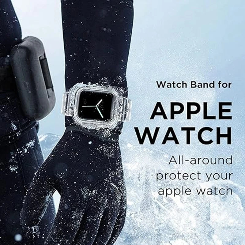 Clear Band + Case for Apple Watch Series 9 8 7 49mm 45mm 44mm 42mm 41mm Transparent Plastic Strap for iwatch 6 SE 5 4 38mm 40mm