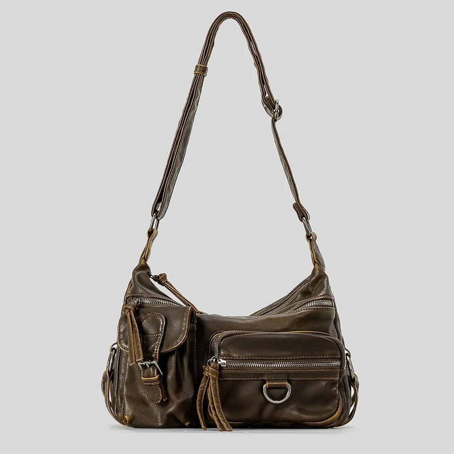 Vintage Multiple Pockets Women Shoulder Bags Luxury Washed Pu Leather Crossbody Bag Retro Motorcycle Bag Y2K Sac for Girls 2026