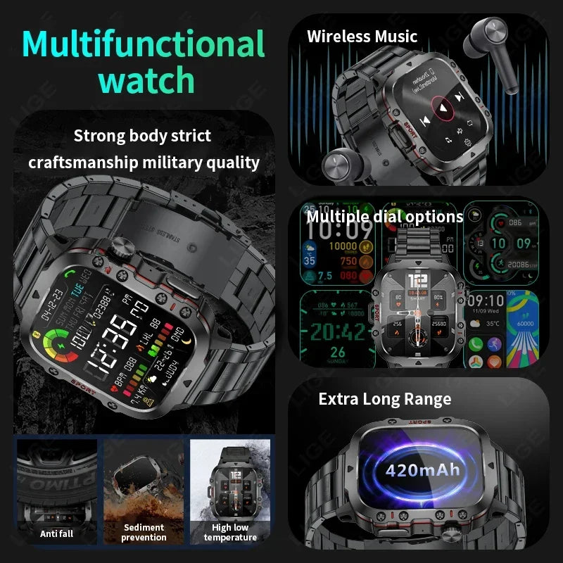 2026 Rugged Military Smart Watch Men Outdoor Watches lP68 Waterproof 2.01" Al Voice Bluetooth Call Smartwatch For Android lOS