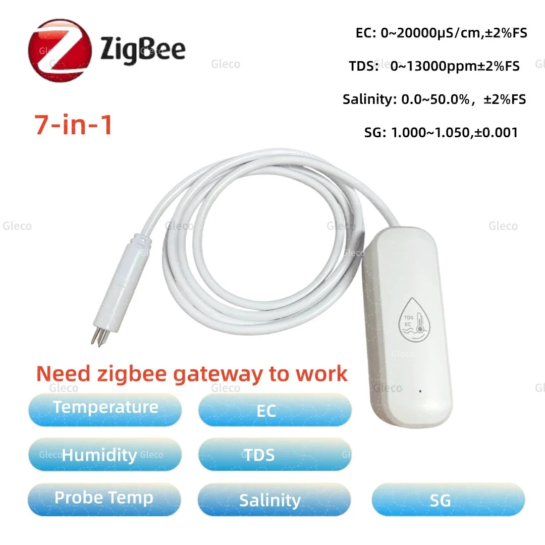 7in1 Zigbee Water Quality Monitor Smart Home Probe Temperature Humidity Sensor TDS SG Meter EC Salnity Tester For Zigbee2mqtt