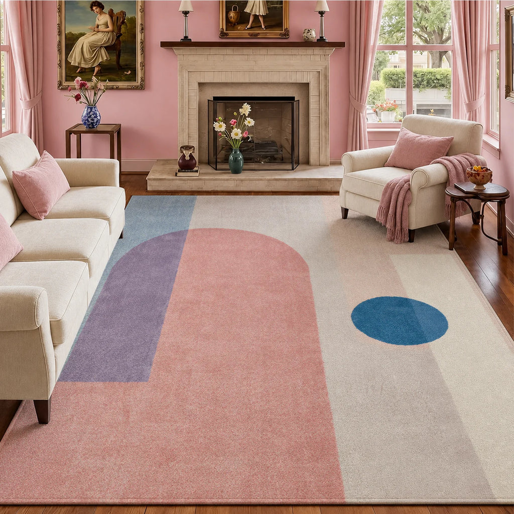 Large Indoor Area Rug, Soft Velvet Low Pile with Non-slip Dotted Backing, Machine Washable Modern Geometric Blush Pink & Light Blue Accent Rug for Living Room, Bedroom, Home Decor