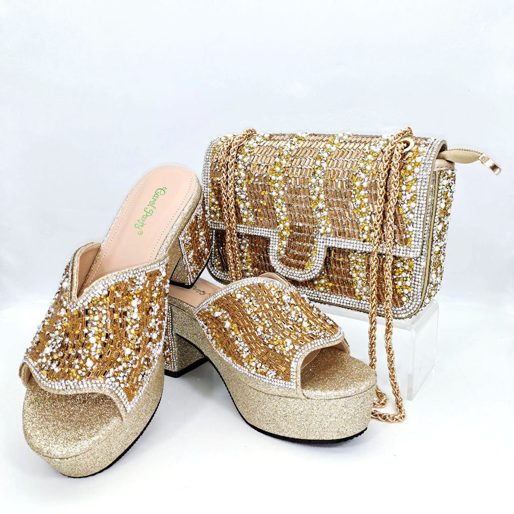 QSGFC Italian Design Fashion Crystal Fish Mouth High Heels Elegant, Exquisite, And Mature Women's Sandals And Square Bag Set