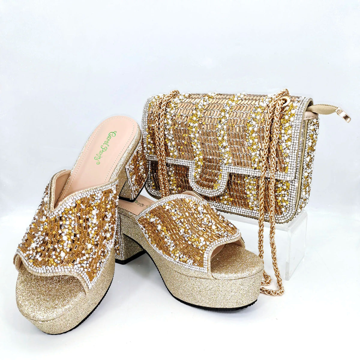 QSGFC Italian Design Fashion Crystal Fish Mouth High Heels Elegant, Exquisite, And Mature Women's Sandals And Square Bag Set