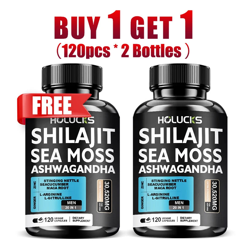 Buy 1 Get 1 Free! Pure Shilajit & Sea Moss Supplement, for Boosts Testosterone, Energy & Stamina, Supports Male Vitality, Men