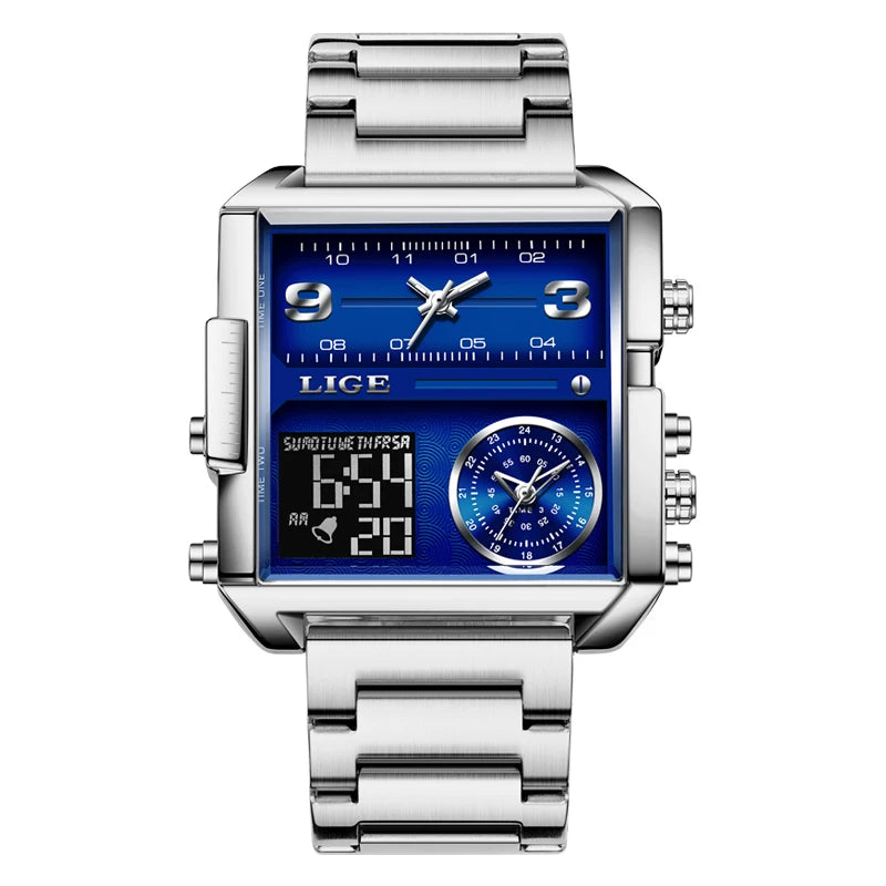 LIGE Luxury Original Men Sports Wrist Watch Gold Quartz Steel Waterproof Dual Display Clock Watches For Men Relogio Masculino