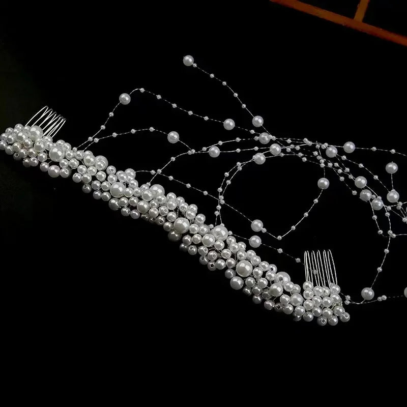 Bridal Pearl Long Tassel Hair Comb Wedding Headpiece Sparkly Beaded Hair Accessories Women Elegant Wedding Party Hair Ornament