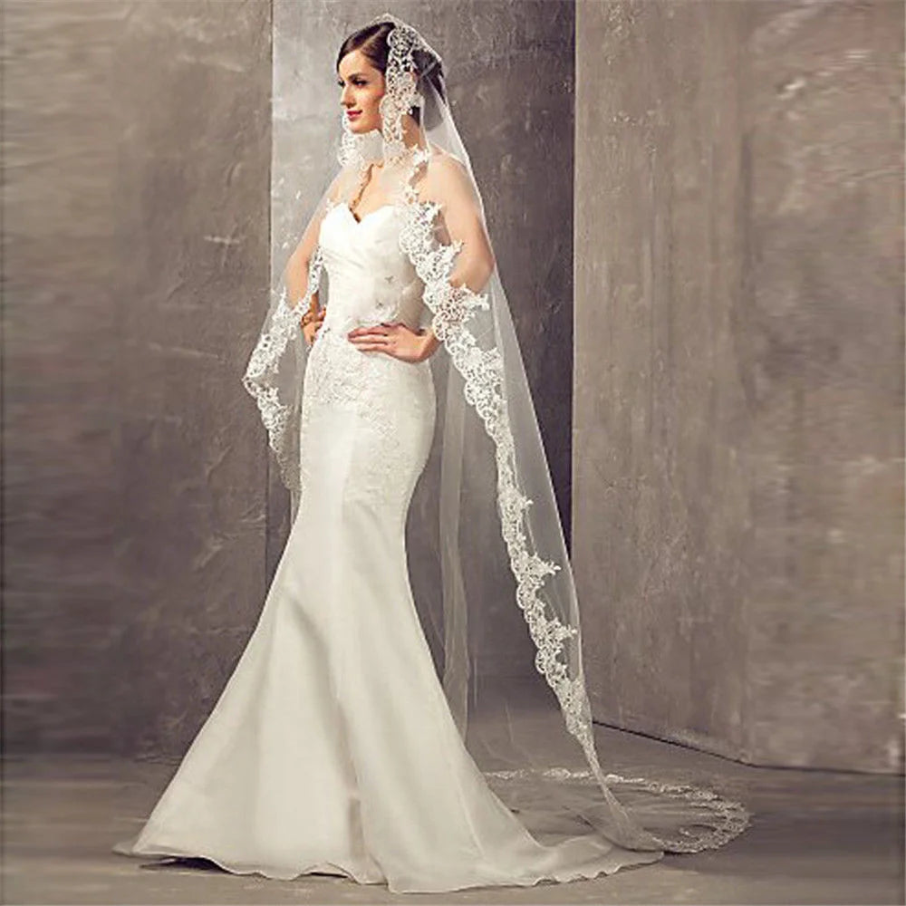 Wedding Veil Lace Edge Long Luxurious Bridal Veil White/Ivory Veil With Comb Tulle Cathedral One-layer 3 Meters Bride Accessorie