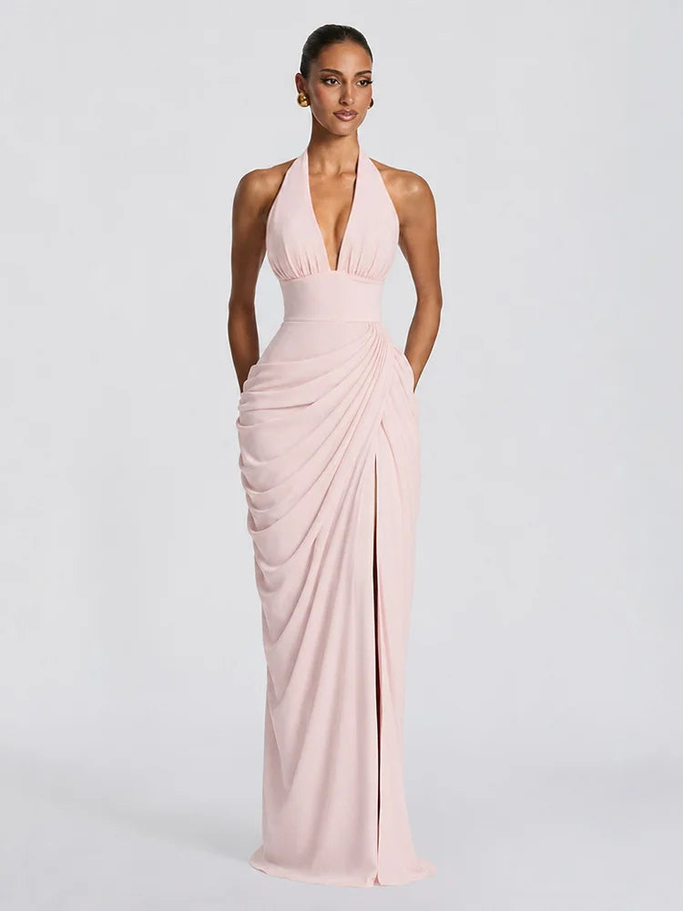 Sexy Solid Pleated Halter Women's Dress Fashion Sleeveless Backless Waist-cinching Split Maxi Dresses 2026 Summer Party Gowns
