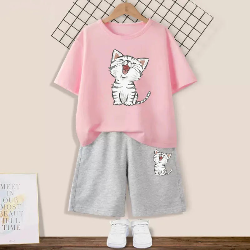 Girls Happy Cat Printed 2PC Outfit Set Summer Fashion Short Sleeve T-Shirt And Shorts Combo Cute Kids Clothing