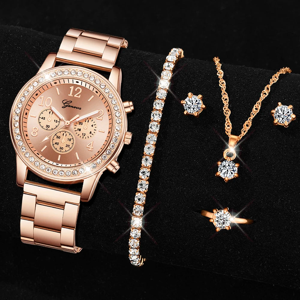 Newest 5 PCS Set Gold Watch Women Luxury Ring Necklace Earrings Rhinestone Fashion Wristwatch Female Casual Watches Bracelet Set