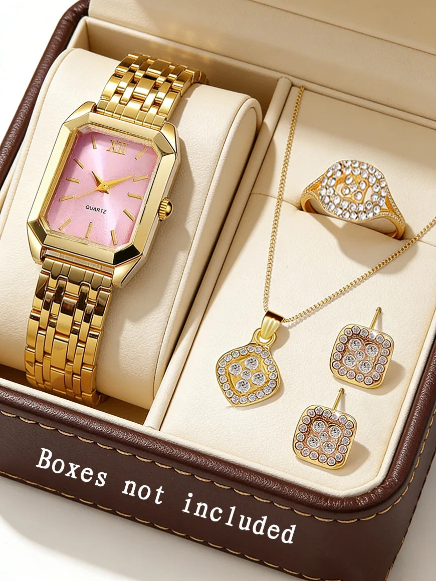 Casual Fashion Square Quartz Watch And Hollow Jewelry Set wi Steel Strap Birthday Gift No Box