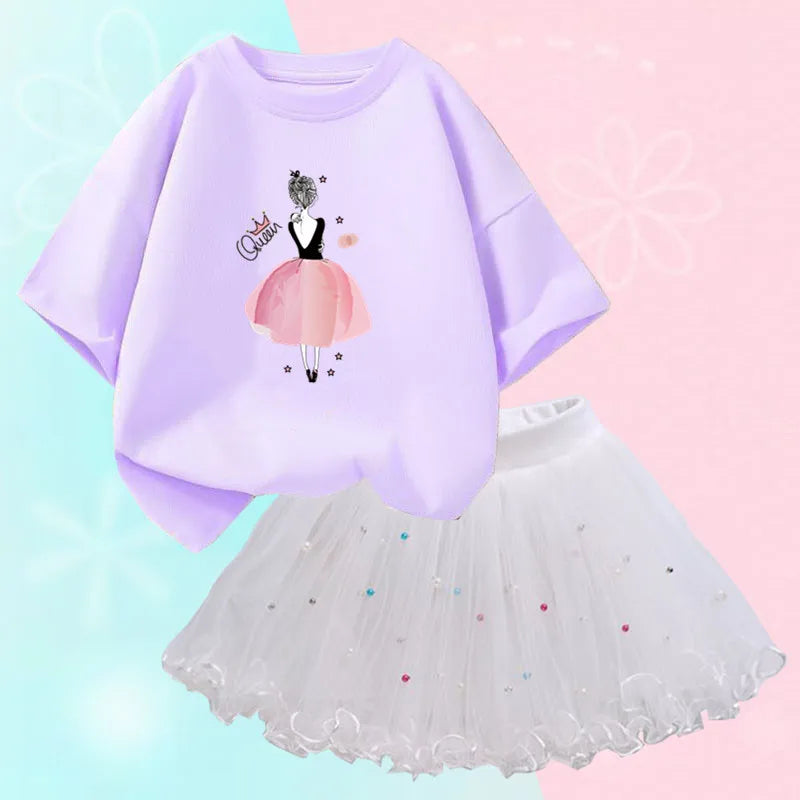 Fashion Summer Girls Outfits Pretty Ballet Dance Girl T-shirt and Tutu Skirt Set for Princess Clothes Suit Children Clothing