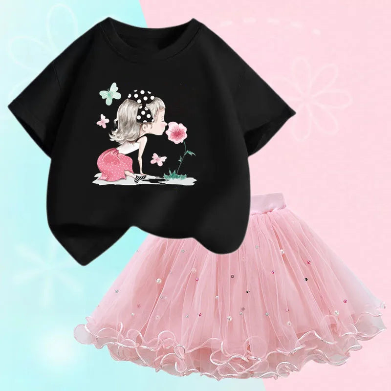Fashion Summer Girls Outfits Pretty Ballet Dance Girl T-shirt and Tutu Skirt Set for Princess Clothes Suit Children Clothing