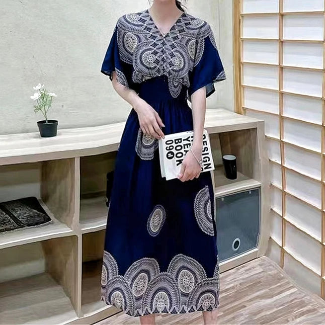 2025 Summer New Casual Elegant Retro Bohemian Style V-neck Elastic Waist Large Swing Printed Long Skirt Autumn Summer Dress