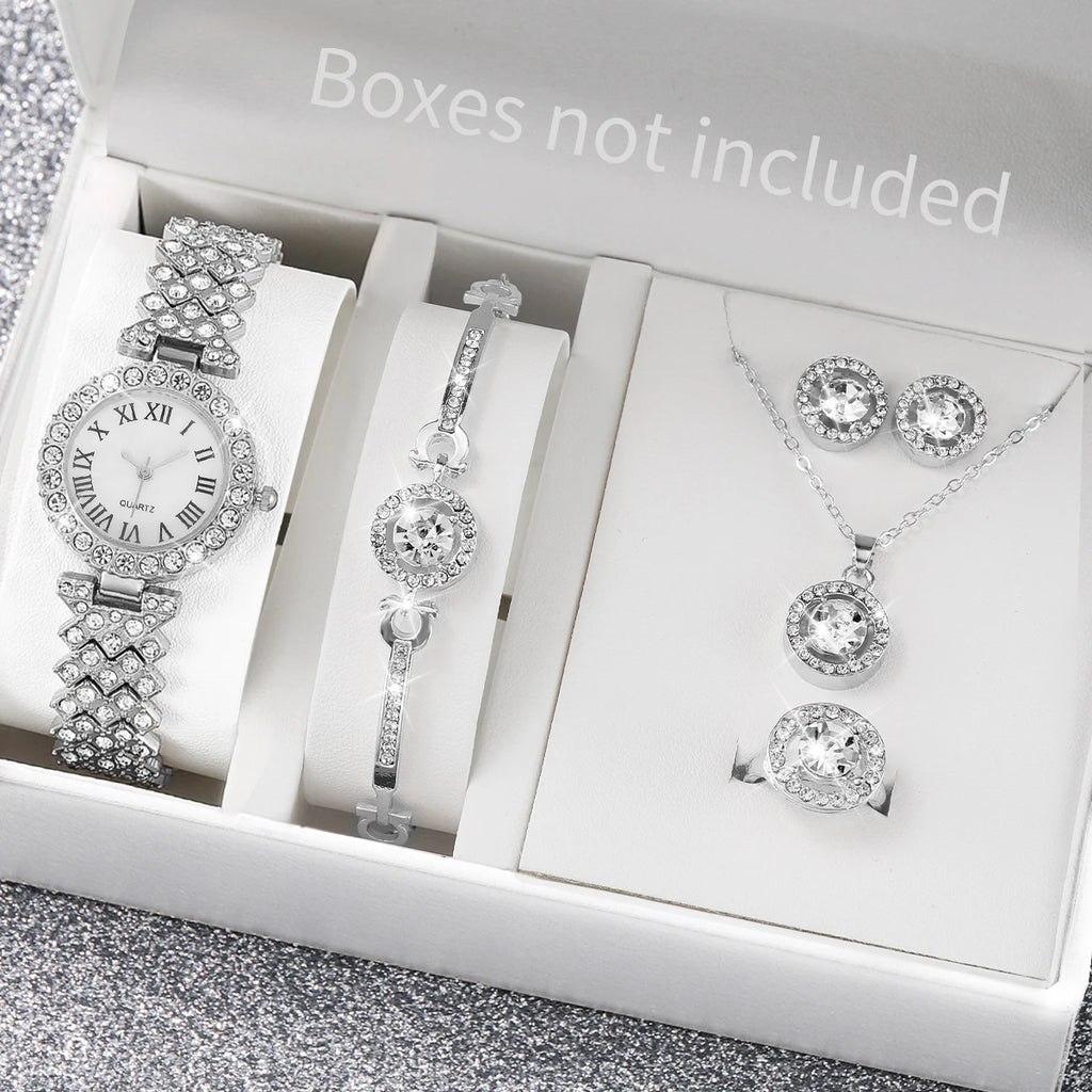 6PCS/Set Luxury Women Watches Fashion Rhinestone Roma Dial Bracelet Band Quartz Watch Jewelry Set Reloj Mujer（Without Box）
