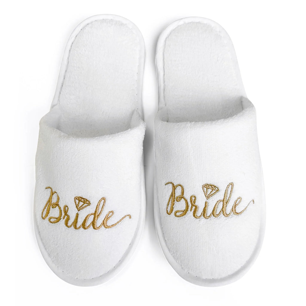 Bridal Party Slippers Set, Close-toe With Golden & Pink Embroidery, Lightweight Plush Cozy Flats, Non-slip Soft Sole For Bride