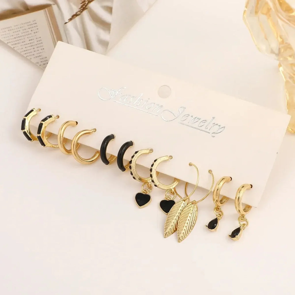 Simple 11 Pcs Black Heart  Leaf Butterfly Earrings Set for Women Fashion Temperament Hoop Earring Holiday Wedding Jewelry Gift