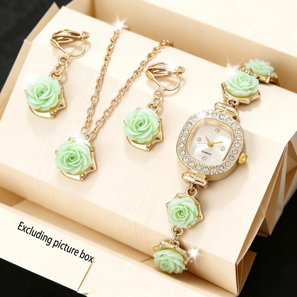 4PCS Elegant Flowers Women Watch Jewelry Set Fashion Rhinestone Square Ladies Quartz Wristwatches Accessories Gifts（Without Box）