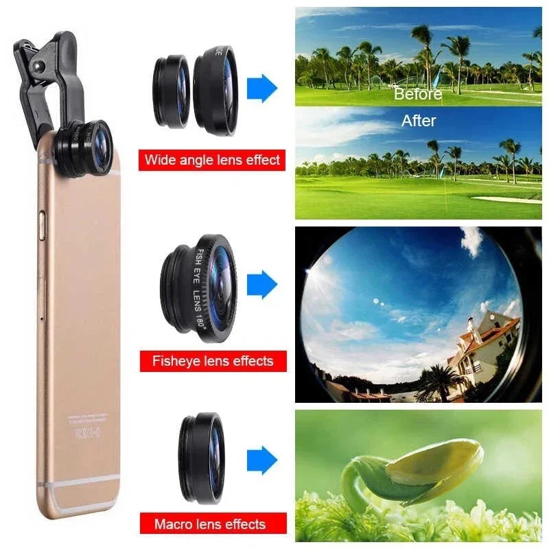 3in1 Fisheye Wide Angle Micro Camera Lens for iPhone Xiaomi Redmi 3in1 Zoom Fish Eye Len on Smartphone Lenses with Phone Clip