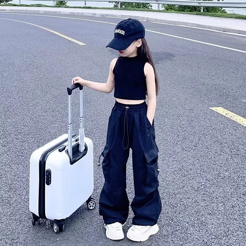 Teen Girls Joggers Pants Loose Casual Fashion Children Straight Trousers Pockets Design Trendy Cool Streetwear Kids Pants 5-14 Y