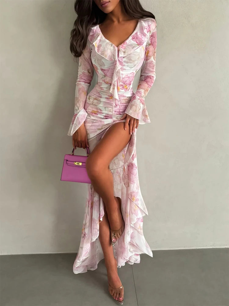 Women Pink Floral Print Maxi Dress Elegant V Neck Ruffle Trim Flare Sleeve Ruched High Chiffon Dresses 2026 Lady Party Vestido