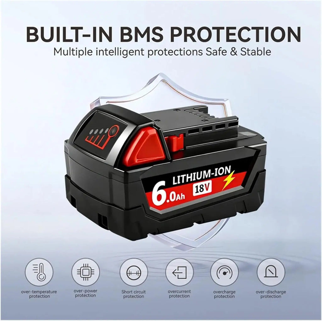 For Milwaukee M18 Power Tool Battery, Charger, BR, XC, 18V 6.0Ah M18B5, 48-11-1860, Milwaukee 18V Battery Built-in 18650 Battery