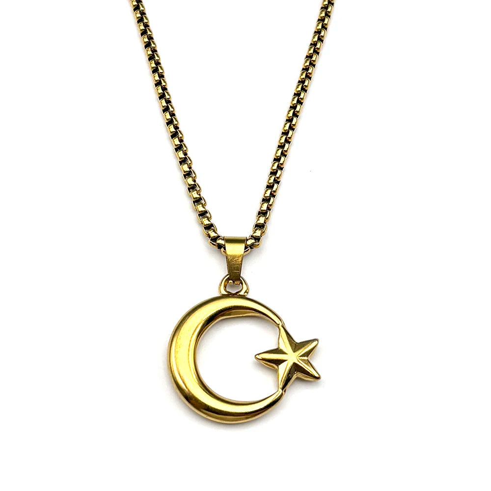 Muslim Islam Crescent Moon Star Stainless Steel Chain Necklaces for Women Men Gold Plated Pendant Necklace Amulet Jewelry Gift
