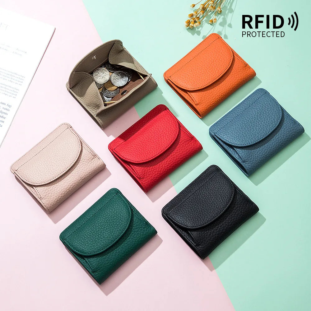 New Women Genuine Leather Mini Wallet RFID Folding Simple Ultra-thin Small Soft Cowhide Wallet Female Card Holder Coin Bags