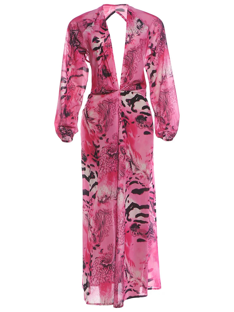 Sisterlinda Backless Long Dress Woman Autumn Trend Deep V-Neck Tiger Stripe Print Lantern Sleeve Beach Party Elegant Vestidos