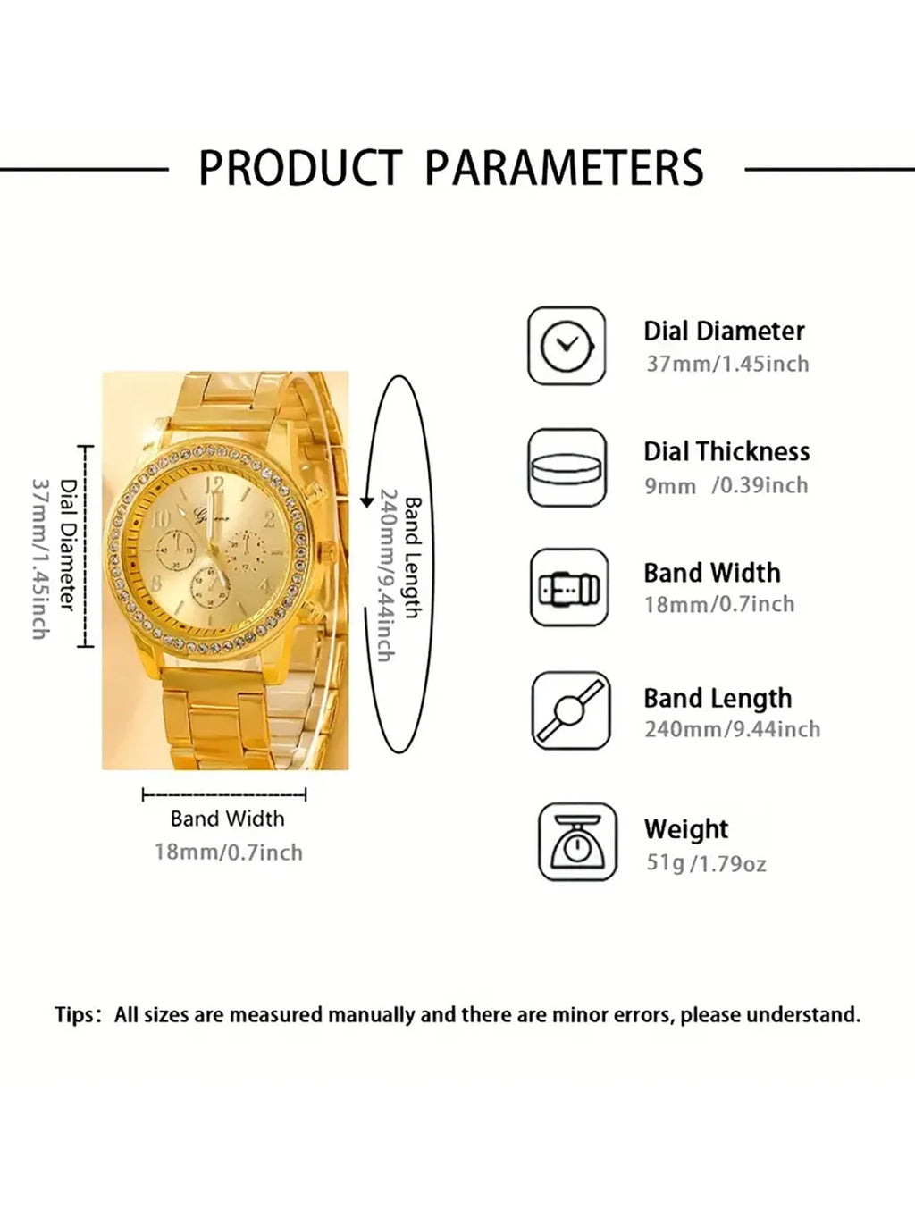 6PCS fashion diamond set rhinestone Ladies gold quartz Steel band Watch with bracelet Ring Necklace Earrings set