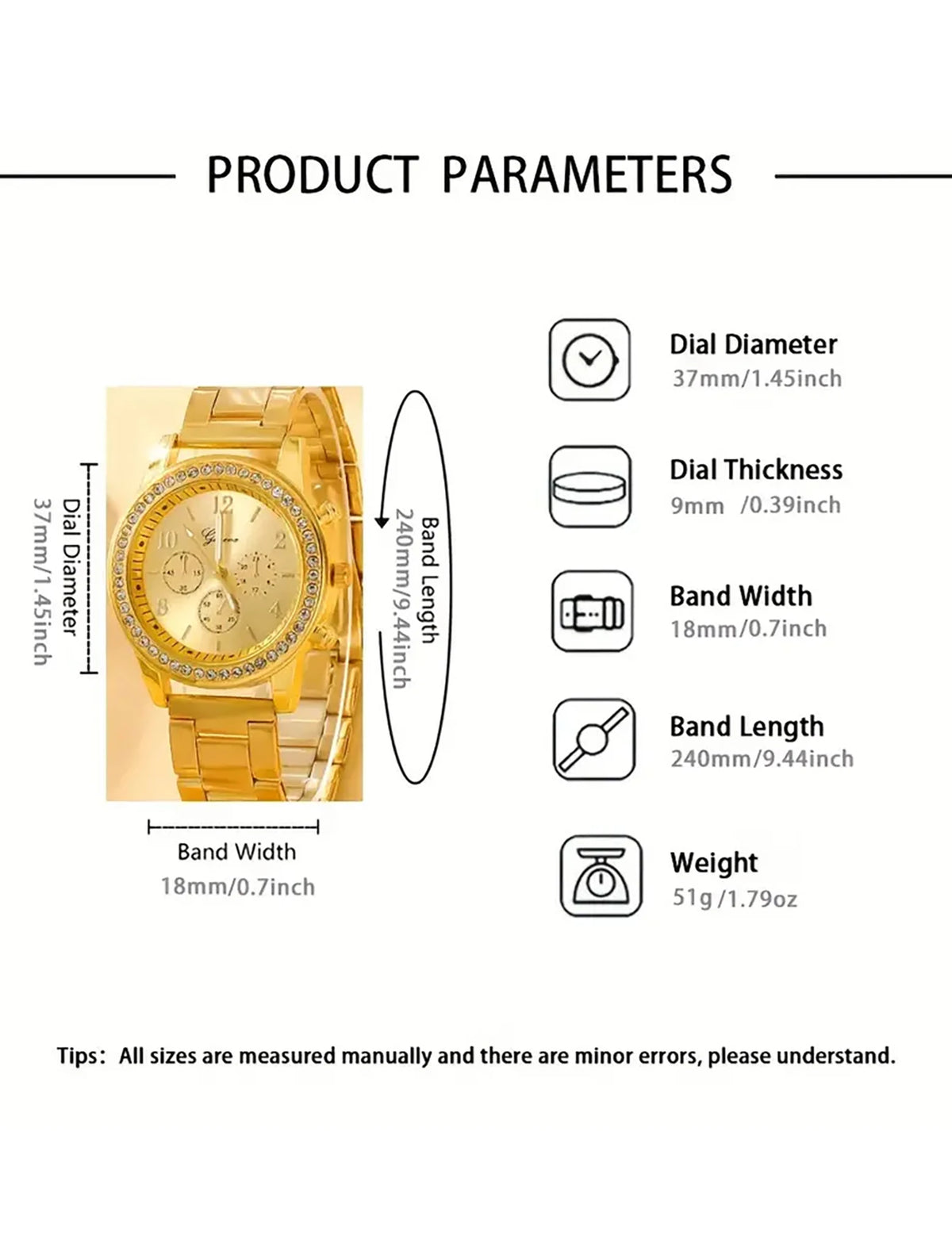 6PCS fashion diamond set rhinestone Ladies gold quartz Steel band Watch with bracelet Ring Necklace Earrings set